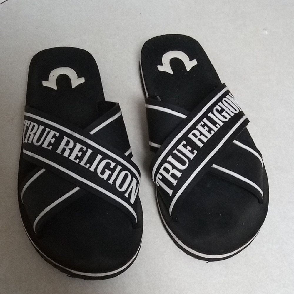 True Religion Black and White Slide Sandals